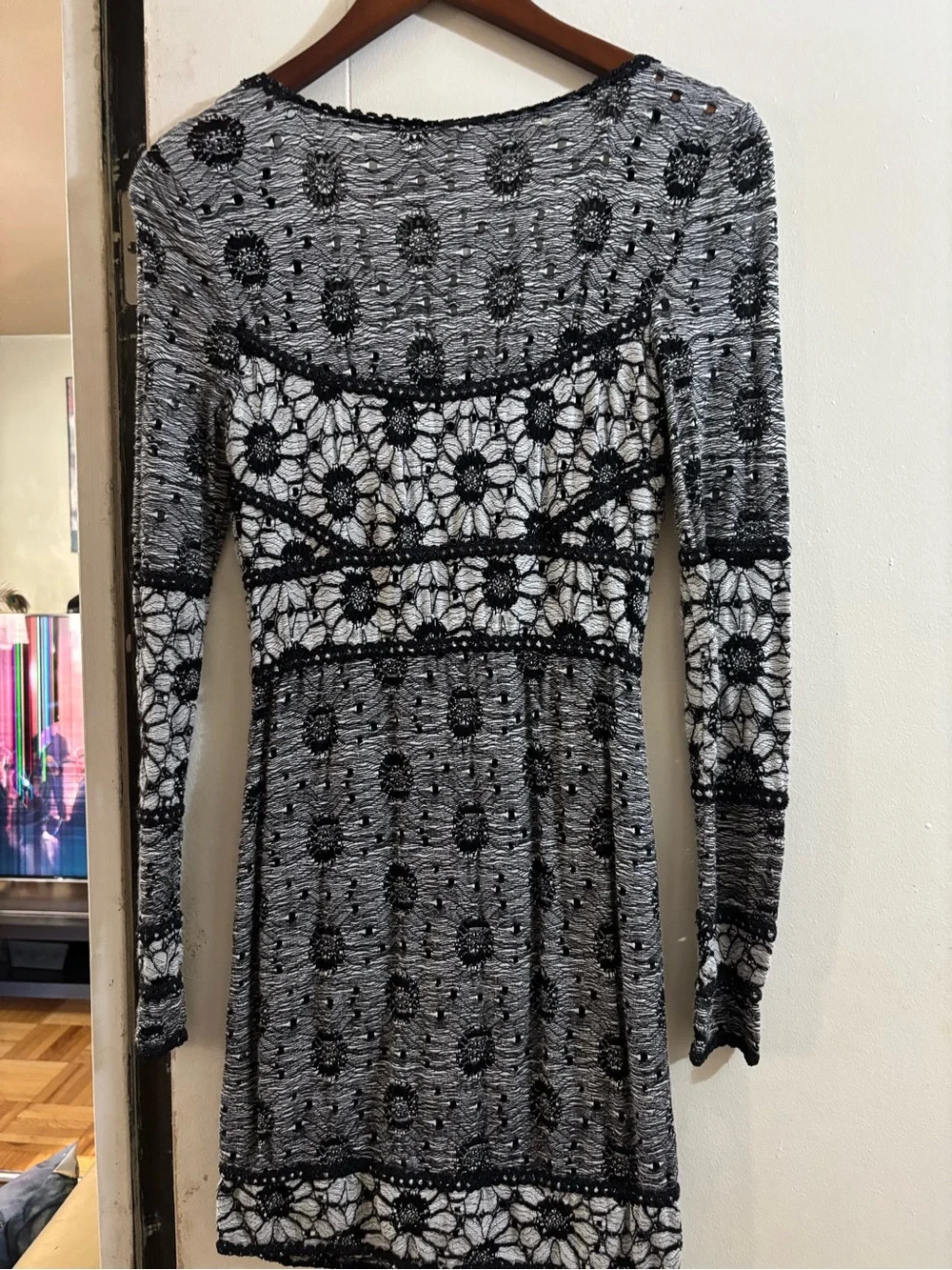 Free People Black and White Crochet Lace Long Sleeve Dress